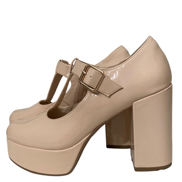 Coutgo NUDE T-Strap Round Toe Platform Heels Chunky Patent Mary Jane sz 6.5 - Picture 3 of 13